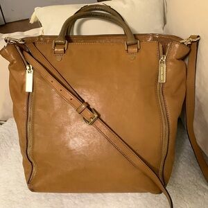 Michael Kors, camel leather tote with gold, zipper detailing and branding